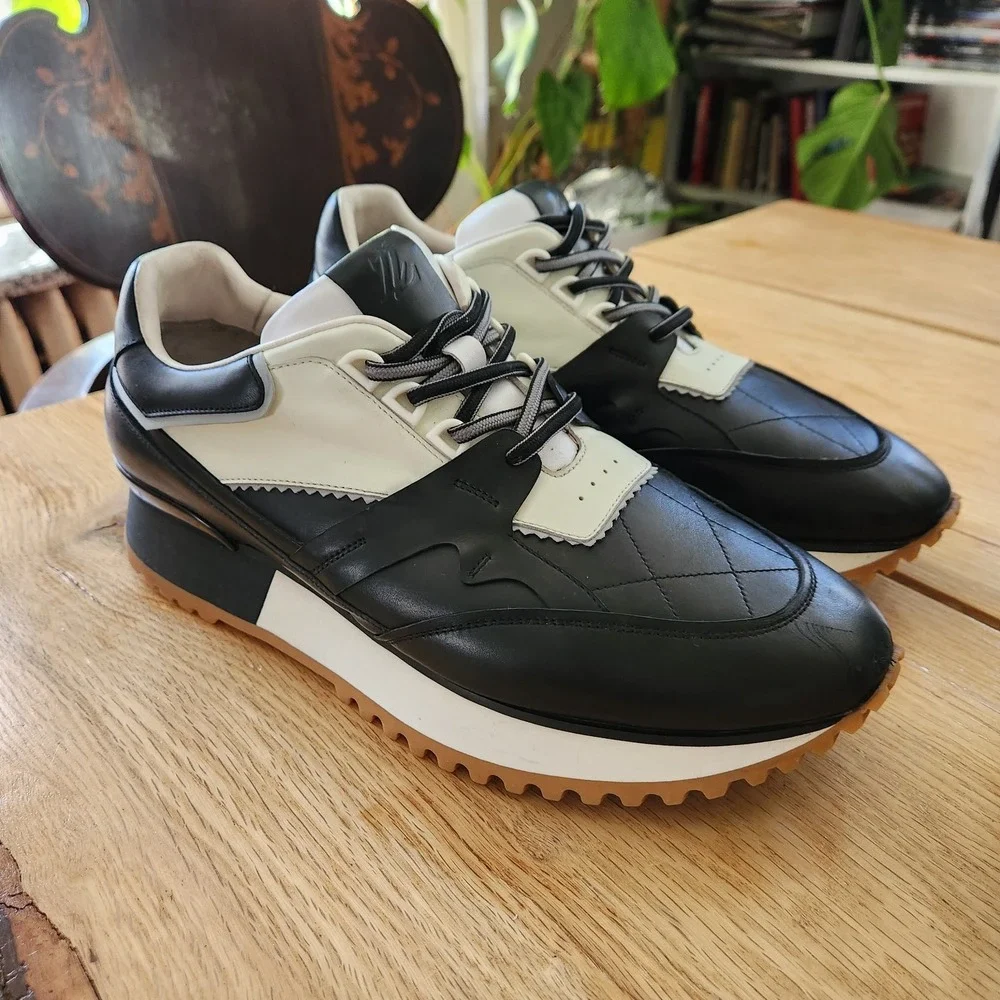 RARE Leizilei Calf Leather Sneakers Mens Size 12 Black White Platform Shoes Y2k‎